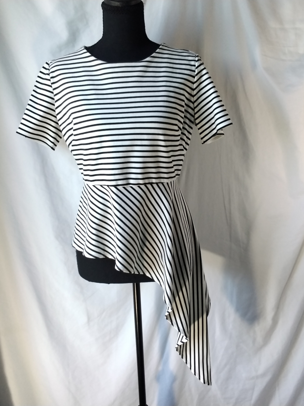 Vince Camuto Black & White Asymmetrical Striped Peplum Dress